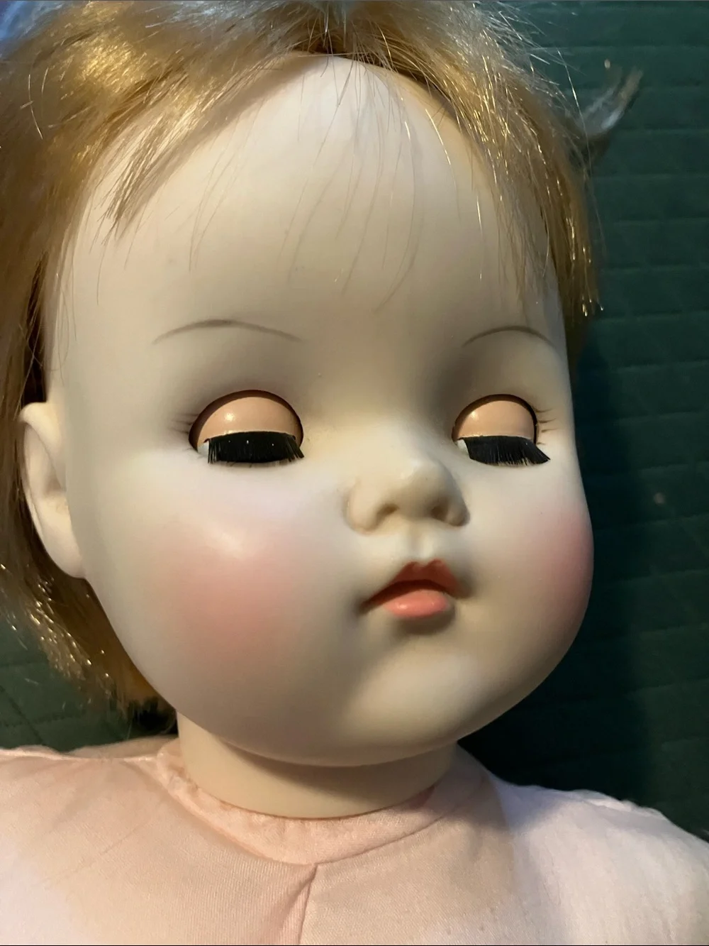 Vintage large Baby Doll in Pale Blue Dress with Bonnet 1973